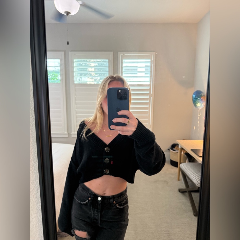Black oversized cropped button down cardigan